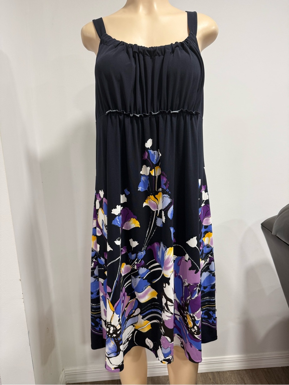 T Tahari Black Midi Dress with Purple, Blue & Yellow Floral Print